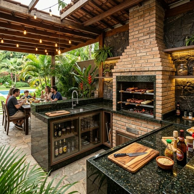 Área de churrasqueira em Granito Verde Ubatuba